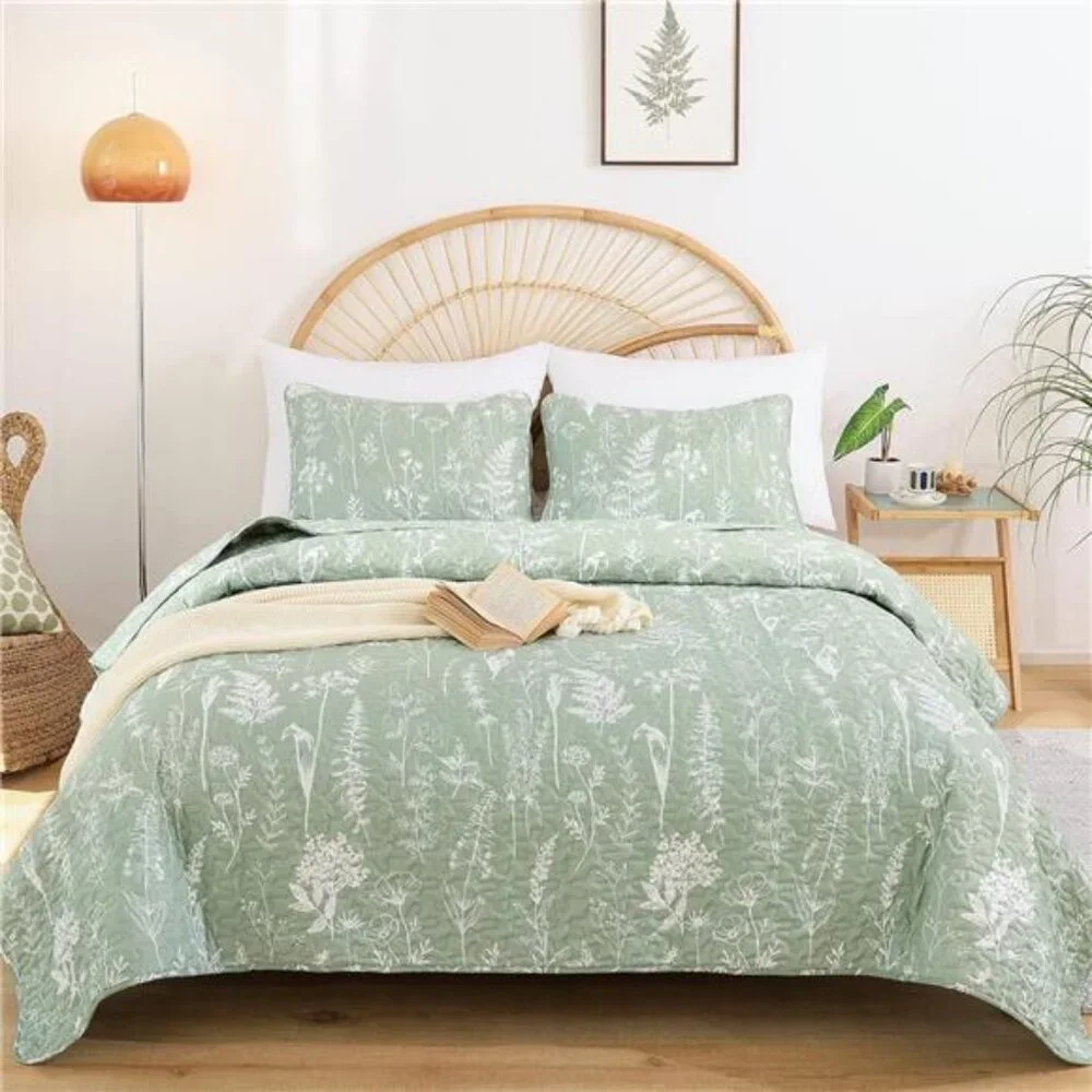 Quilts Queen Size Sage Green Quilt Botanical with Floral Pattern